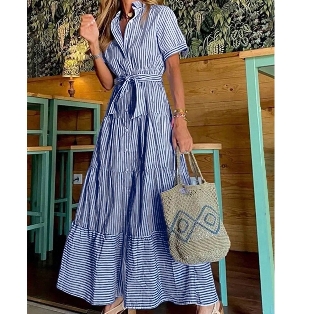 Boho Striped Butto Belted Short Sleeve Ruffle Hem Shirt dress